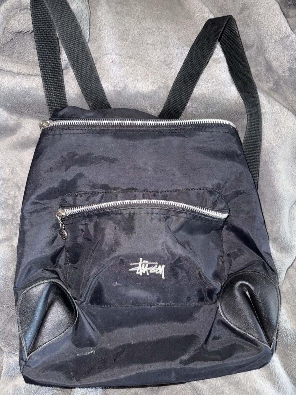 Stussy 90s Leather & Nylon Rucksack Backpack Black Used